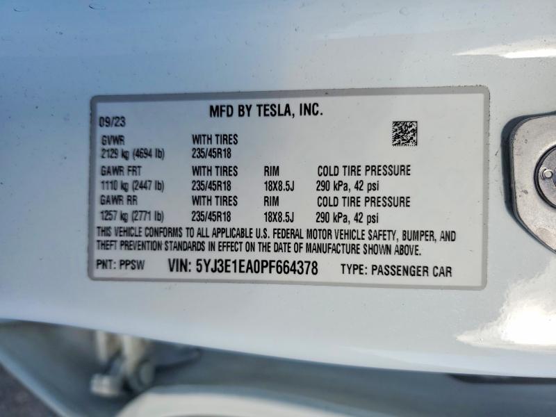 2023 Tesla Model 3 მანქანა იყიდება აუქციონზე, vin: 5YJ3E1EA0PF664378, აუქციონის ნომერი: 47058096