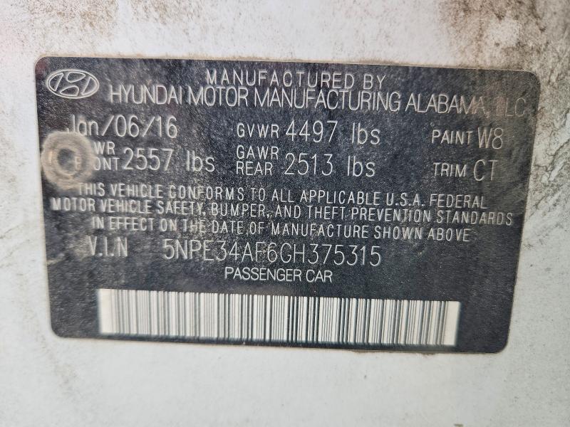 2016 Hyundai Sonata მანქანა იყიდება აუქციონზე, vin: 5NPE34AF6GH375315, აუქციონის ნომერი: 45843606