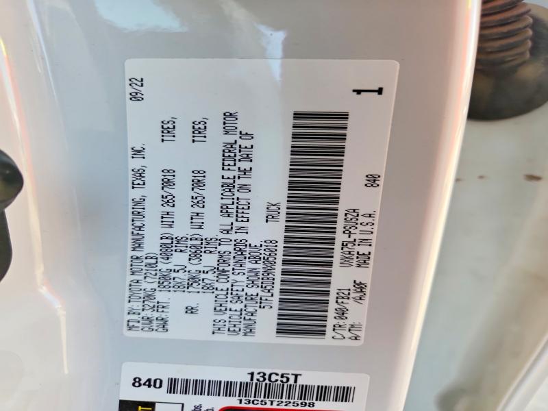 2022 Toyota Tundra მანქანა იყიდება აუქციონზე, vin: 5TFLA5DB9NX056018, აუქციონის ნომერი: 46906526