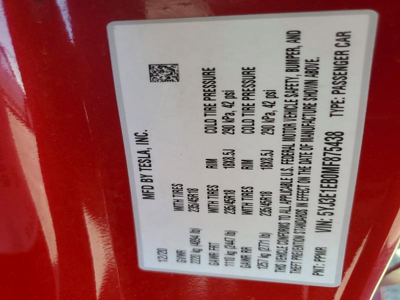 Продаж на аукціоні авто 2021 Tesla Model 3, vin: 5YJ3E1EB0MF875438, номер лоту: 46155216
