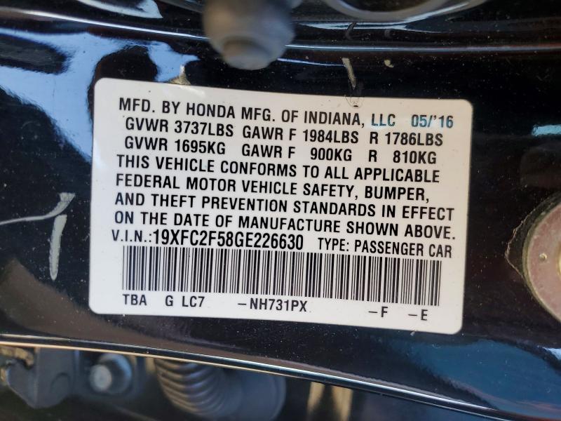 Продаж на аукціоні авто 2016 Honda Civic, vin: 19XFC2F58GE226630, номер лоту: 46754276