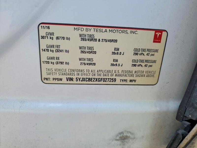 Продаж на аукціоні авто 2016 Tesla Model X, vin: 5YJXCBE2XGF027259, номер лоту: 48038026