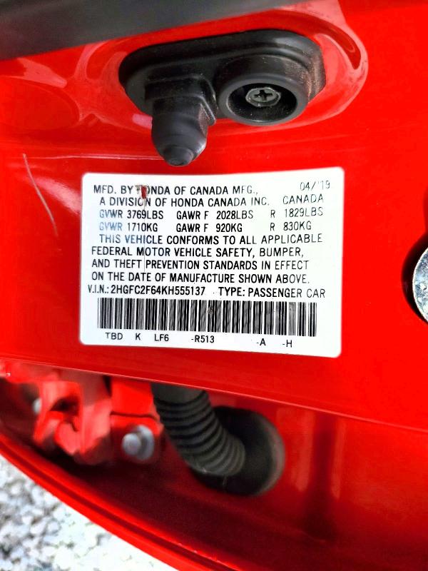 41927156 :رقم المزاد ، 2HGFC2F64KH555137 vin ، 2019 Honda Civic مزاد بيع