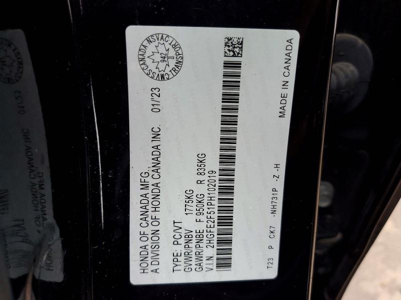 Aukcja sprzedaży 2023 Honda Civic, vin: 2HGFE2F51PH102019, numer aukcji: 79665165