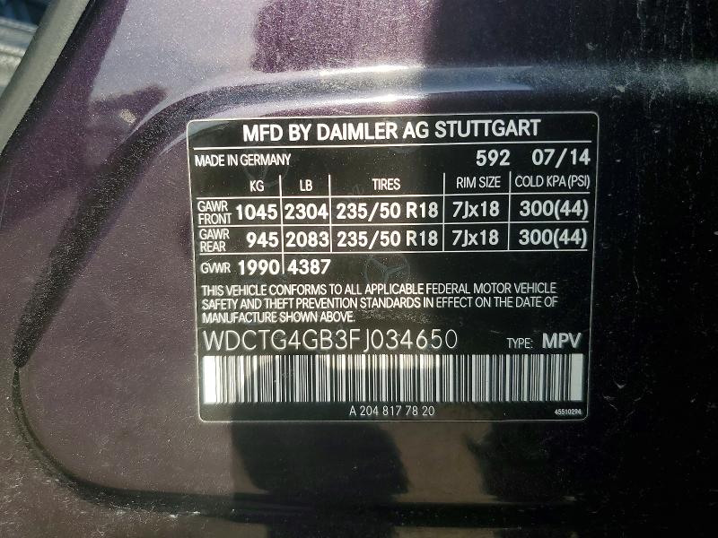 45620976 :رقم المزاد ، WDCTG4GB3FJ034650 vin ، 2015 Mercedes-benz Gla مزاد بيع
