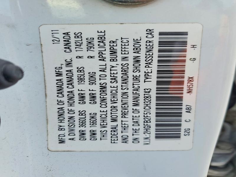Продаж на аукціоні авто 2012 Honda Civic, vin: 2HGFB2F51CH328743, номер лоту: 45936436