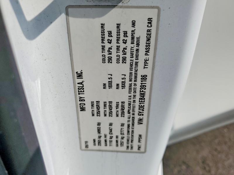 79659355 :رقم المزاد ، 5YJ3E1EB4KF391186 vin ، 2019 Tesla Model 3 مزاد بيع