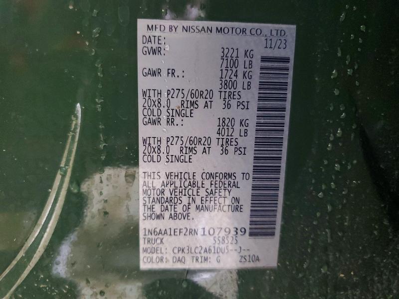 2024 Nissan Titan მანქანა იყიდება აუქციონზე, vin: 1N6AA1EF2RN107939, აუქციონის ნომერი: 45500236