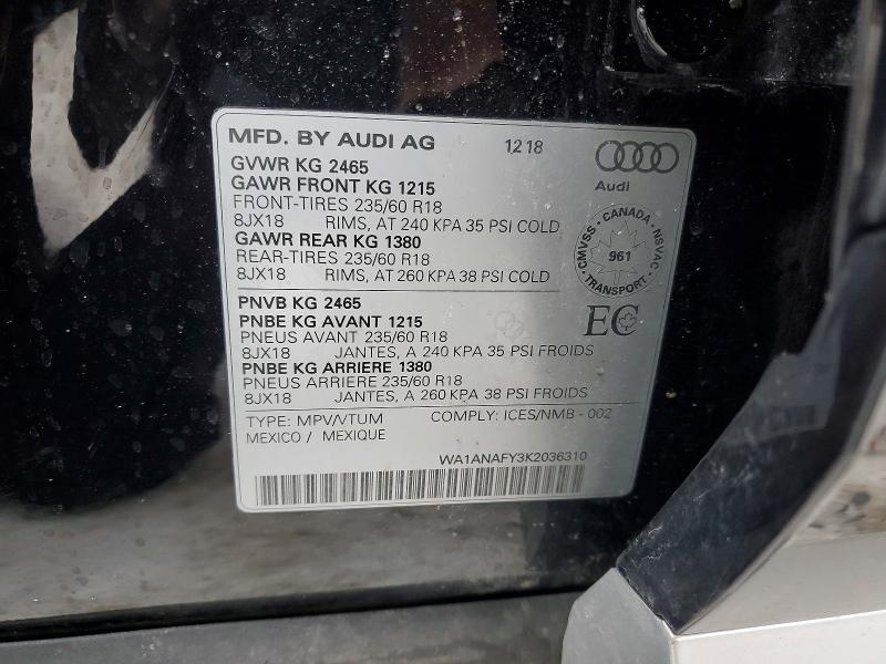78884925 :رقم المزاد ، WA1ANAFY3K2036310 vin ، 2019 Audi Q5 مزاد بيع