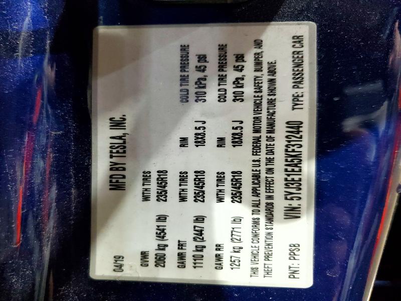 Продаж на аукціоні авто 2019 Tesla Model 3, vin: 5YJ3E1EA5KF312440, номер лоту: 72201015