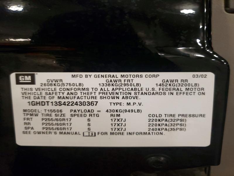 2002 Oldsmobile Bravada მანქანა იყიდება აუქციონზე, vin: 1GHDT13S422430367, აუქციონის ნომერი: 45536566