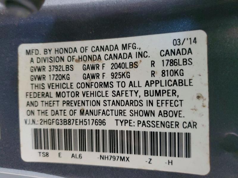 Продаж на аукціоні авто 2014 Honda Civic, vin: 2HGFG3B87EH517696, номер лоту: 79460175