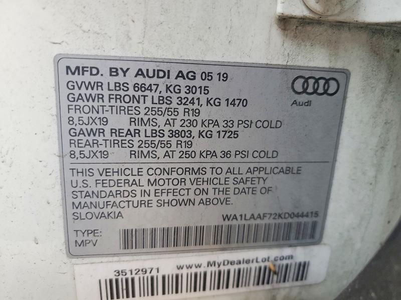 Продаж на аукціоні авто 2019 Audi Q7, vin: WA1LAAF72KD044415, номер лоту: 45888216