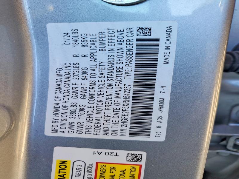 Aukcja sprzedaży 2024 Honda Civic, vin: 2HGFE2F5XRH542257, numer aukcji: 79631345