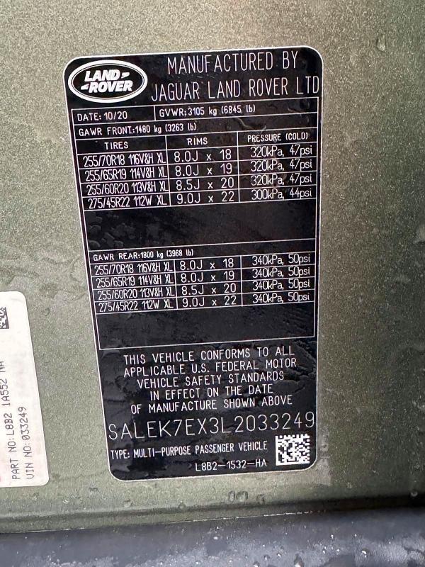 Aukcja sprzedaży 2020 Land Rover Defender, vin: SALEK7EX3L2033249, numer aukcji: 79231455