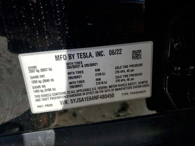45818286 :رقم المزاد ، 5YJSA1E64NF480450 vin ، 2022 Tesla Model S مزاد بيع