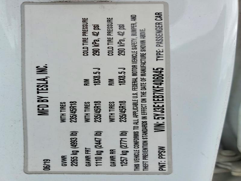 47730396 :رقم المزاد ، 5YJ3E1EB7KF406845 vin ، 2019 Tesla Model 3 مزاد بيع