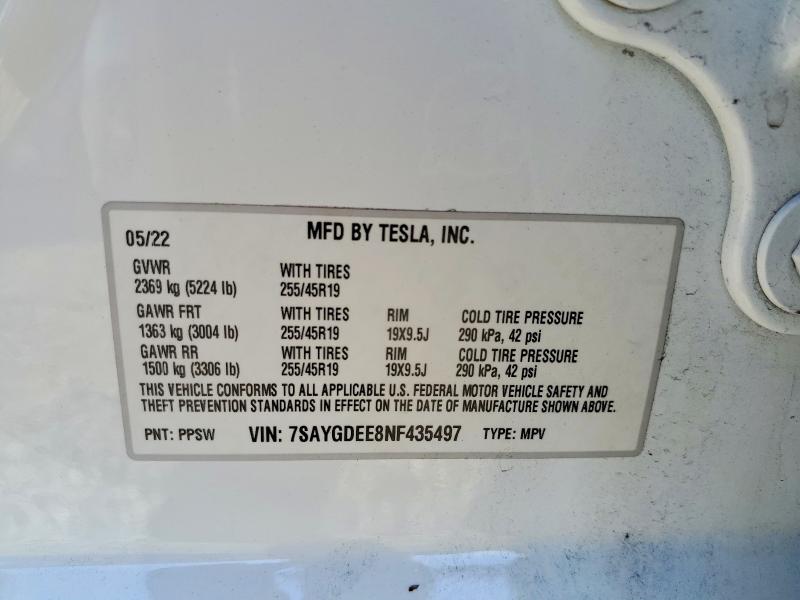 46548926 :رقم المزاد ، 7SAYGDEE8NF435497 vin ، 2022 Tesla Model Y مزاد بيع