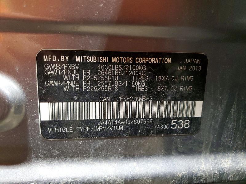 77496875 :رقم المزاد ، JA4AT4AA0JZ607968 vin ، 2018 Mitsubishi Eclipse Cross مزاد بيع