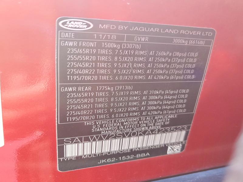 46575996 :رقم المزاد ، SALWV2SV0KA423523 vin ، 2019 Land Rover Range Rover Sport مزاد بيع