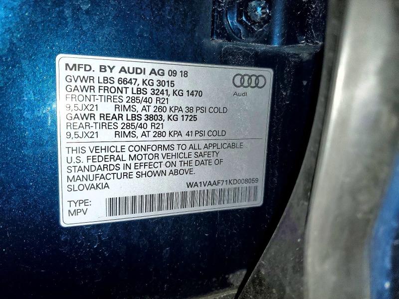 Продаж на аукціоні авто 2019 Audi Q7, vin: WA1VAAF71KD008059, номер лоту: 47033856