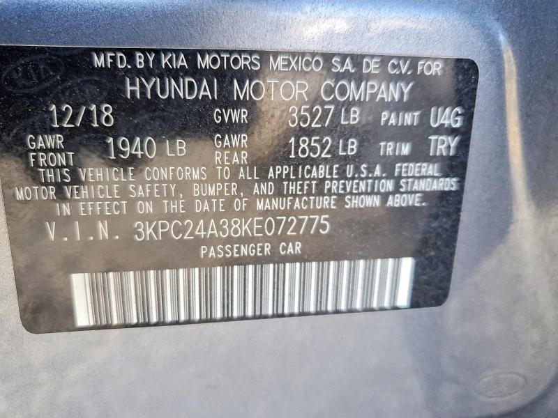 Продаж на аукціоні авто 2019 Hyundai Accent, vin: 3KPC24A38KE072775, номер лоту: 47284666