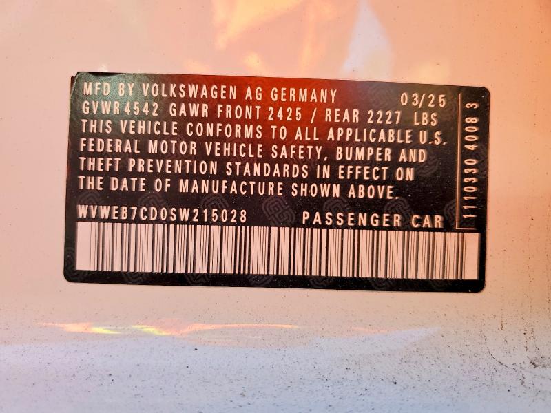 2025 Volkswagen Golf R მანქანა იყიდება აუქციონზე, vin: WVWEB7CD0SW215028, აუქციონის ნომერი: 79350125
