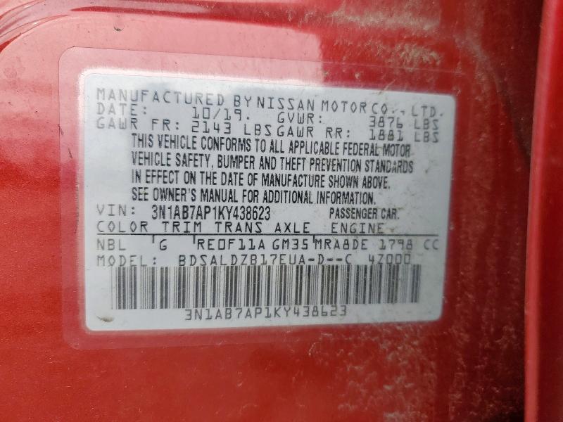Aukcja sprzedaży 2019 Nissan Sentra, vin: 3N1AB7AP1KY438623, numer aukcji: 47961636