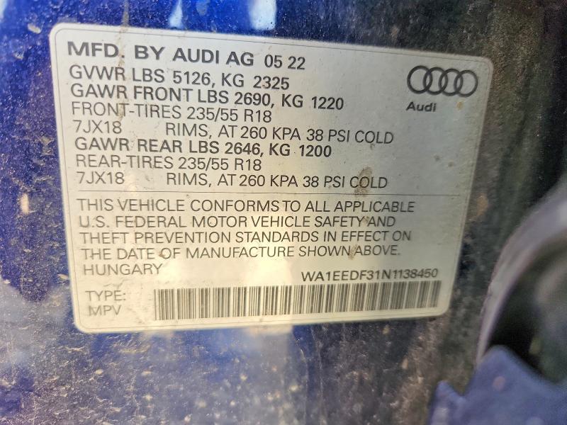 Продаж на аукціоні авто 2022 Audi Q3, vin: WA1EEDF31N1138450, номер лоту: 48177826