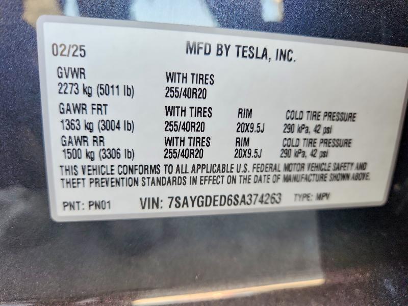 47504736 :رقم المزاد ، 7SAYGDED6SA374263 vin ، 2025 Tesla Model Y مزاد بيع