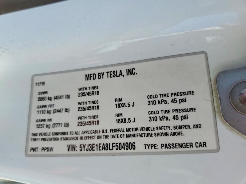 Aukcja sprzedaży 2020 Tesla Model 3, vin: 5YJ3E1EA8LF504906, numer aukcji: 46409226