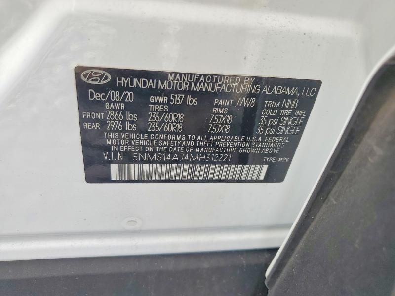 2021 Hyundai Santa Fe მანქანა იყიდება აუქციონზე, vin: 5NMS14AJ4MH312221, აუქციონის ნომერი: 47697686