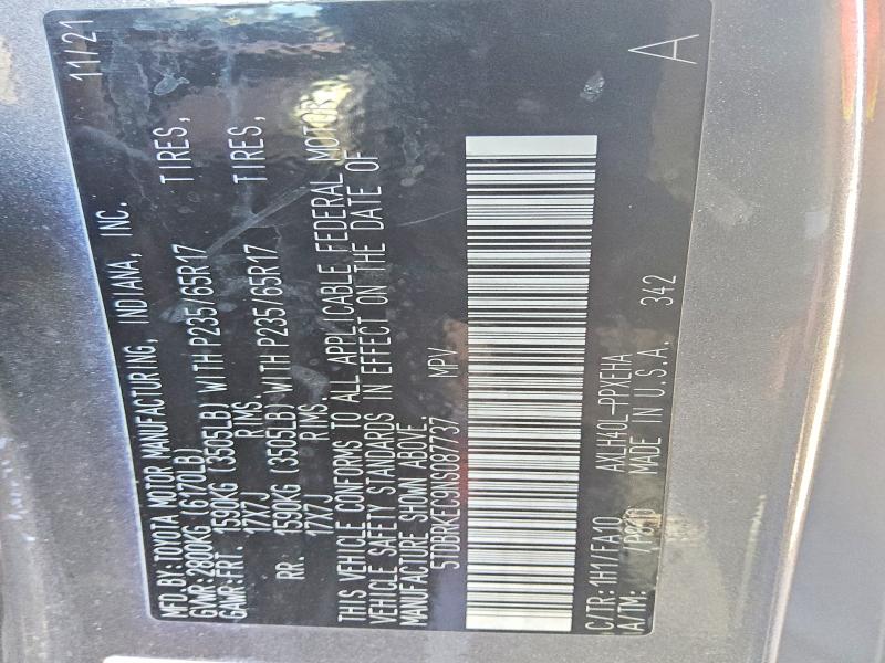 2022 Toyota Sienna მანქანა იყიდება აუქციონზე, vin: 5TDBRKEC9NS087737, აუქციონის ნომერი: 97482765