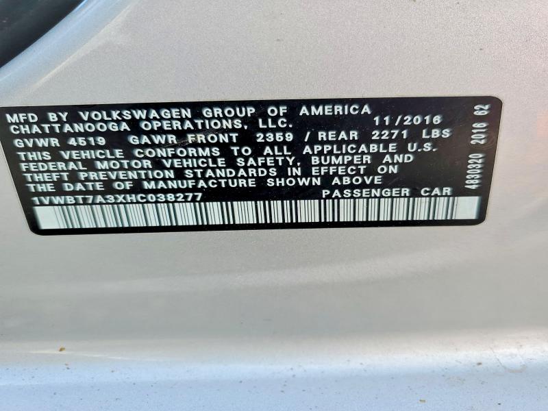 2017 Volkswagen Passat მანქანა იყიდება აუქციონზე, vin: 1VWBT7A3XHC038277, აუქციონის ნომერი: 47393426