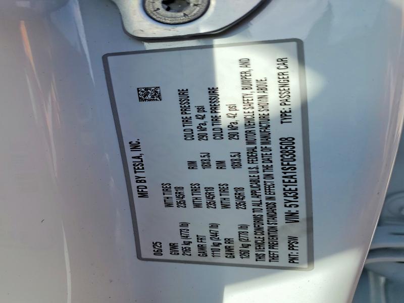 Aukcja sprzedaży 2025 Tesla Model 3, vin: 5YJ3E1EA1SF038508, numer aukcji: 78153195