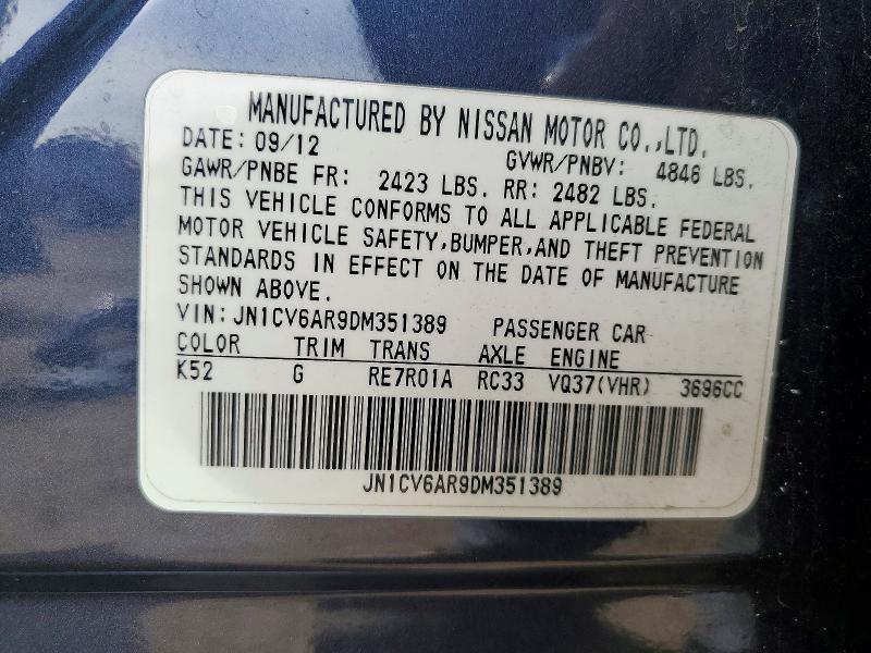 2013 Infiniti G37 Sedan მანქანა იყიდება აუქციონზე, vin: JN1CV6AR9DM351389, აუქციონის ნომერი: 46497586