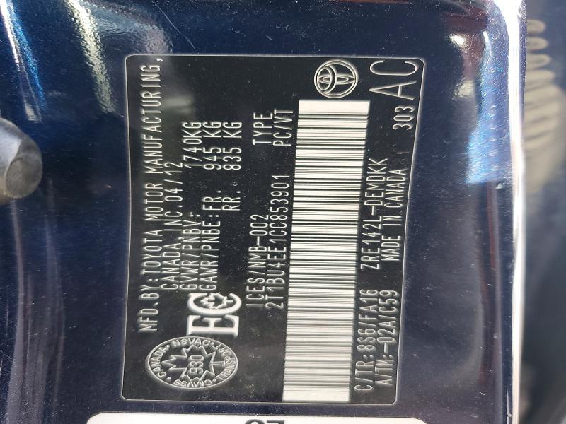 2012 Toyota Corolla მანქანა იყიდება აუქციონზე, vin: 2T1BU4EE1CC853901, აუქციონის ნომერი: 46466966