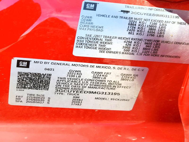 2021 Chevrolet Silverado მანქანა იყიდება აუქციონზე, vin: 3GCUYEED9MG313195, აუქციონის ნომერი: 45948556