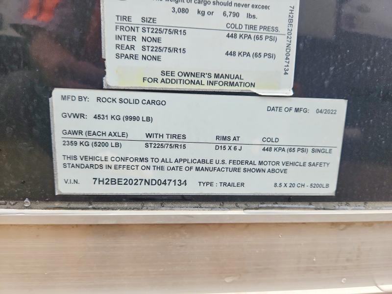 Продаж на аукціоні авто 2022 Rock Solid Carg Enclosed, vin: 7H2BE2027ND047134, номер лоту: 45616856