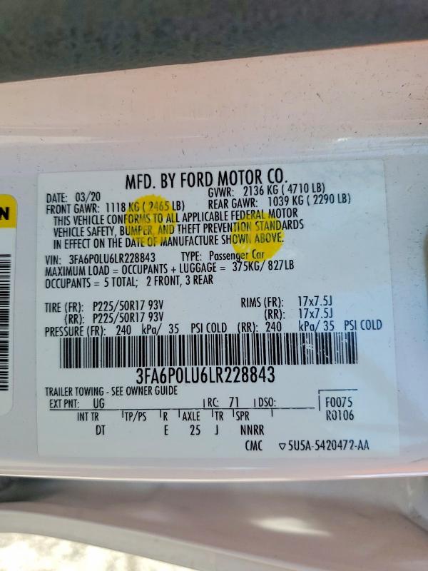 2020 Ford Fusion მანქანა იყიდება აუქციონზე, vin: 3FA6P0LU6LR228843, აუქციონის ნომერი: 47231896