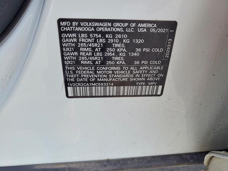 Продажа на аукционе авто 2021 Volkswagen Atlas, vin: 1V2CR2CA7MC593314, номер лота: 47600286