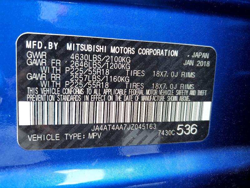 Продаж на аукціоні авто 2018 Mitsubishi Eclipse Cross, vin: JA4AT4AA7JZ045163, номер лоту: 46379316