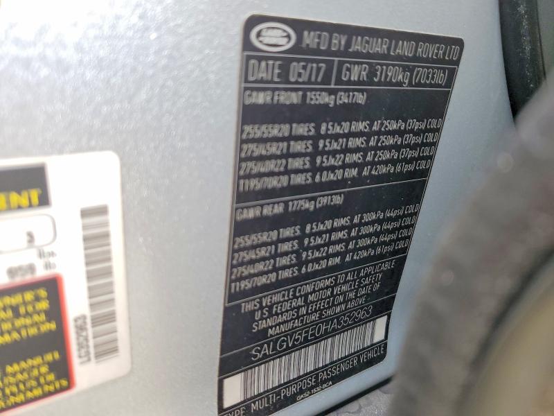 2017 Land Rover Range Rover მანქანა იყიდება აუქციონზე, vin: SALGV5FE0HA352963, აუქციონის ნომერი: 79635395