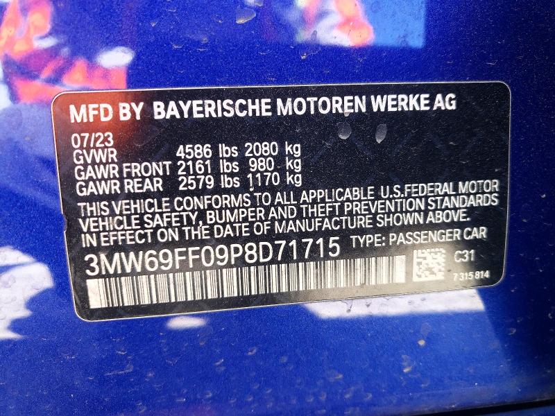 2023 Bmw 330i მანქანა იყიდება აუქციონზე, vin: 3MW69FF09P8D71715, აუქციონის ნომერი: 45970356