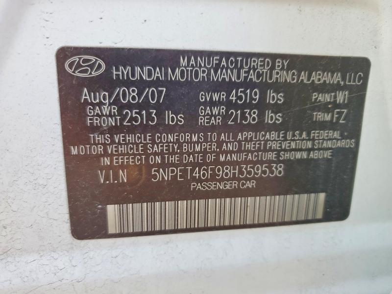 2008 Hyundai Sonata მანქანა იყიდება აუქციონზე, vin: 5NPET46F98H359538, აუქციონის ნომერი: 79820845