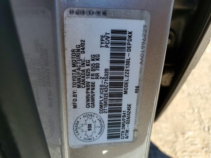 41835826 :رقم المزاد ، 2T1BR32E43C715320 vin ، 2003 Toyota Corolla مزاد بيع