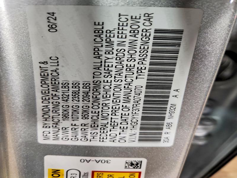 2024 Honda Accord მანქანა იყიდება აუქციონზე, vin: 1HGCY1F37RA074070, აუქციონის ნომერი: 79586835
