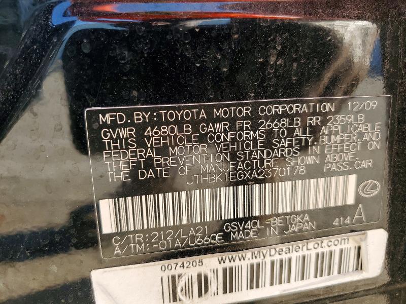46390476 :رقم المزاد ، JTHBK1EGXA2370178 vin ، 2010 Lexus Es 350 مزاد بيع
