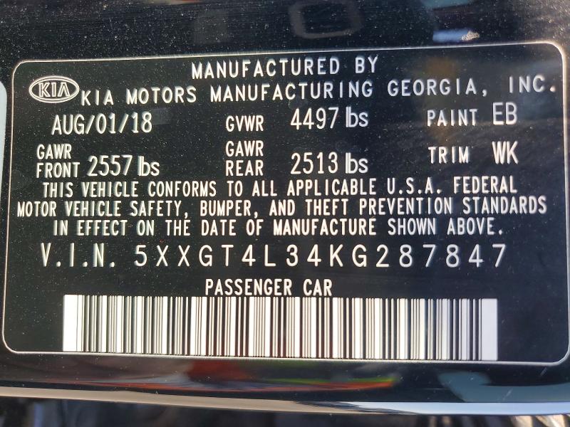 Aukcja sprzedaży 2019 Kia Optima, vin: 5XXGT4L34KG287847, numer aukcji: 46230066