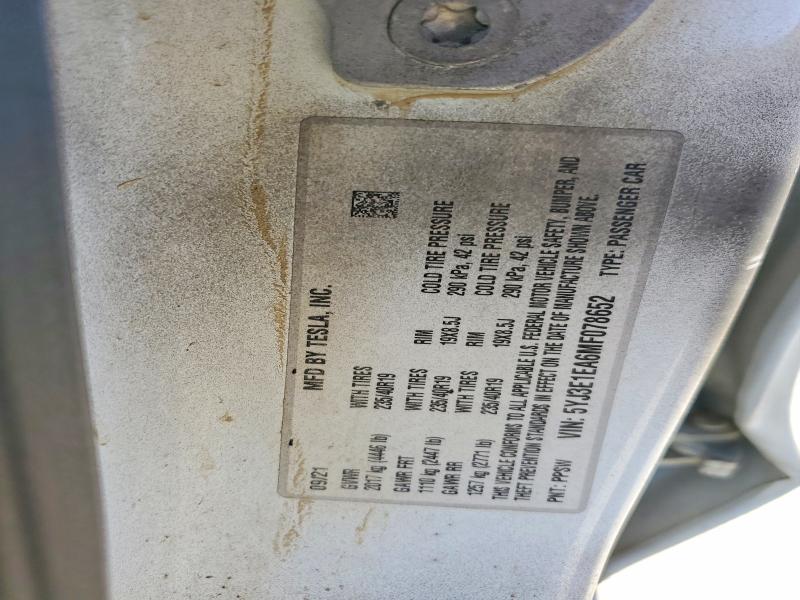 47810676 :رقم المزاد ، 5YJ3E1EA6MF078652 vin ، 2021 Tesla Model 3 مزاد بيع